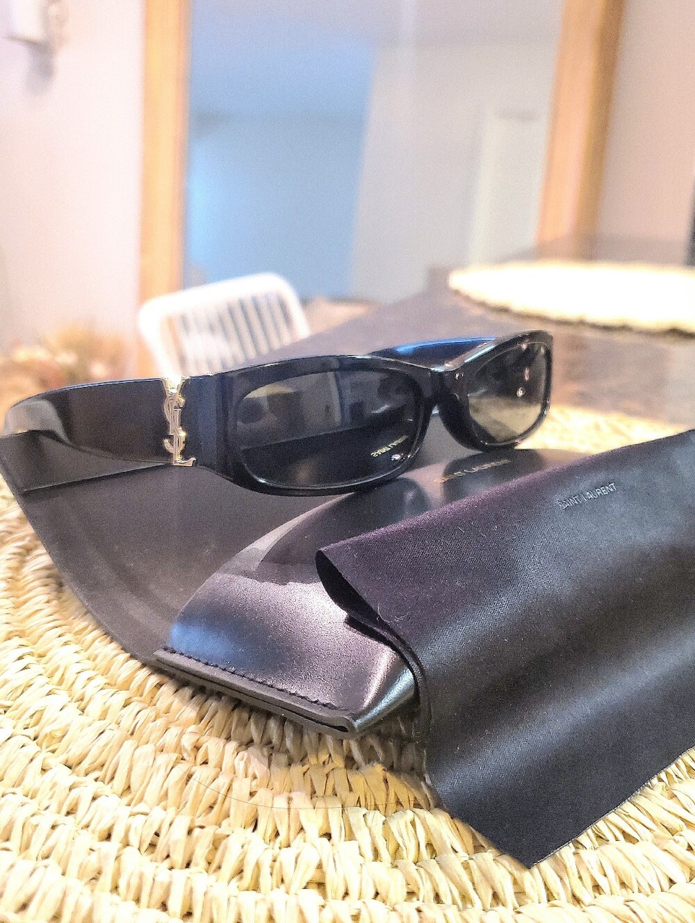 Saint Laurent Black Oval-Rectangle Sunglasses with Gold YSL Accent